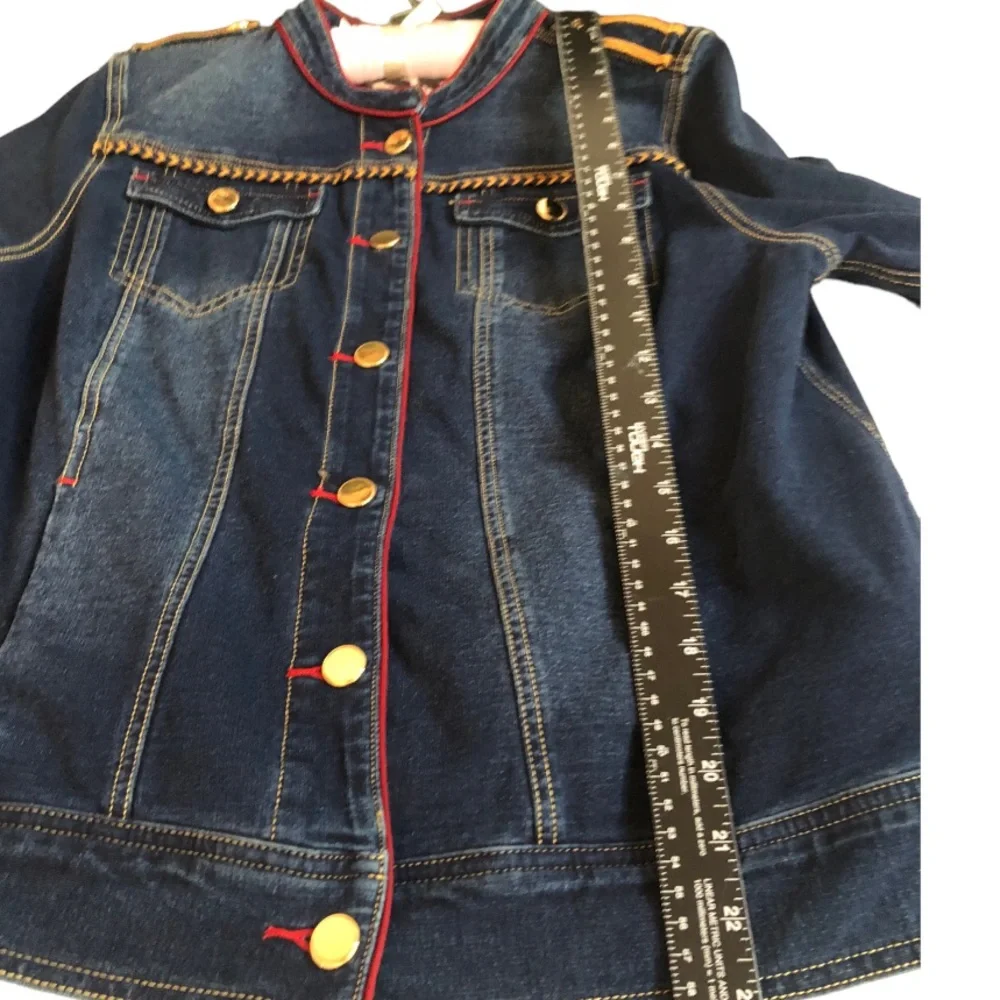 Chico’s size 10-12 denim military jacket stretch gold detail oversized - Picture 5 of 14